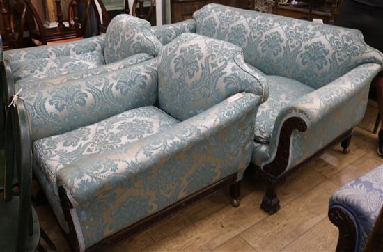 A three piece upholstered Bergere suite, W.200cm